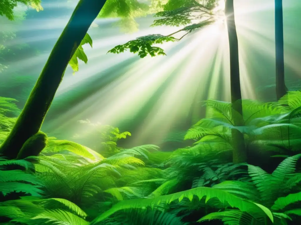 Un bosque exuberante con luz solar filtrándose entre el dosel, creando patrones en la tierra
