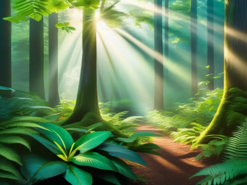 Un bosque exuberante con luz solar filtrándose entre el dosel, creando un cautivador juego de luces y sombras en el suelo