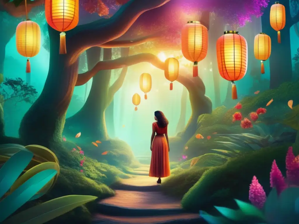 Un bosque místico con vegetación exuberante y linternas flotantes, evocando el realismo mágico de la biografía de Isabel Allende