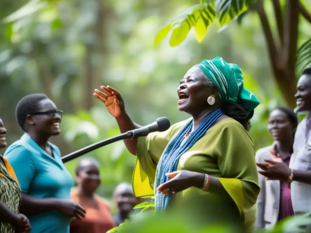 Wangari Maathai habla apasionadamente en el bosque, rodeada de vida y activistas comprometidos