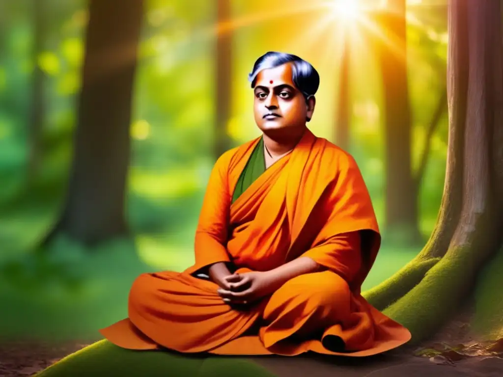 Swami Vivekananda medita en un bosque sereno, irradiando paz y armonía