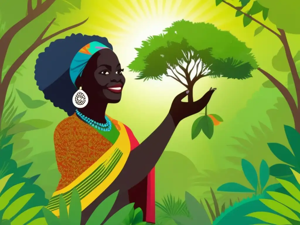 En el bosque verde y exuberante, Wangari Maathai sostiene un árbol joven, irradiando esperanza para el Movimiento del Cinturón Verde