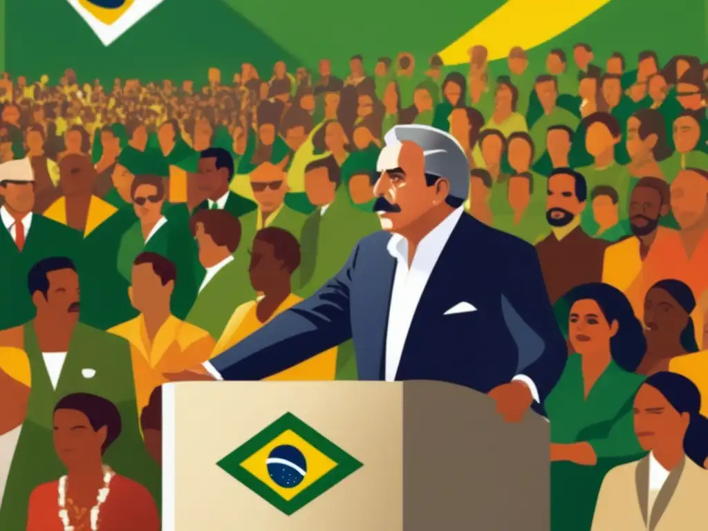José Sarney liderando la transición brasileña con determinación y visión de futuro, en una imagen vibrante y optimista