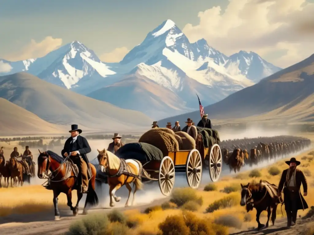 Brigham Young lidera un éxodo de pioneros mormones en el oeste, con carros cubiertos y montañas al fondo