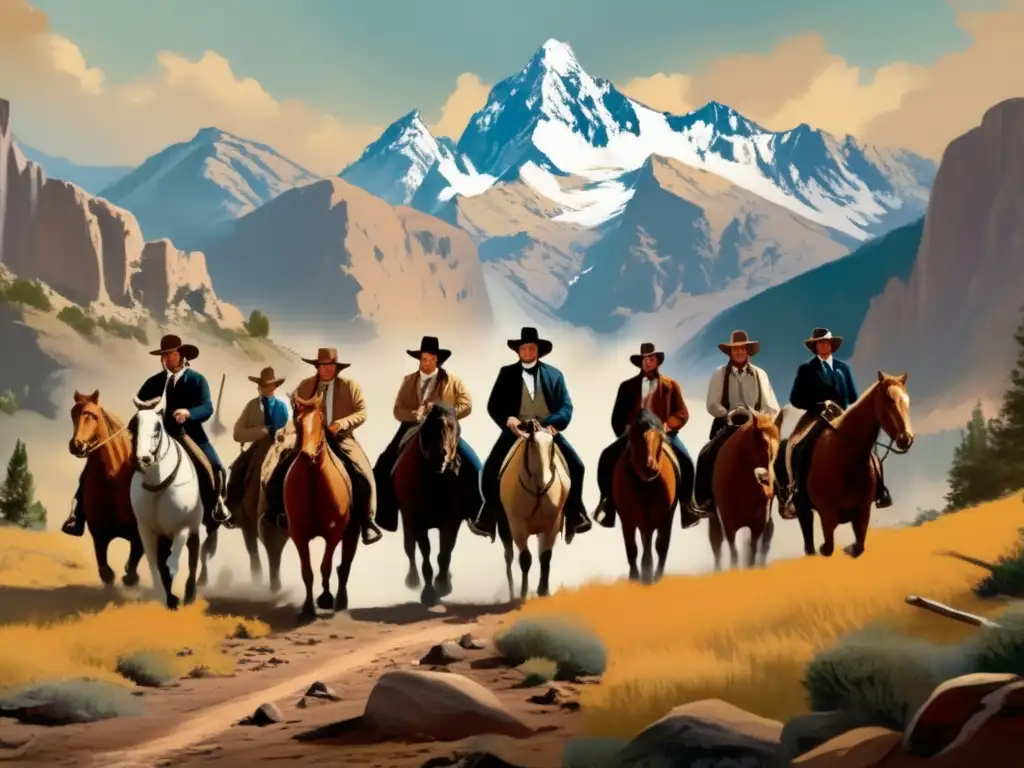 Brigham Young lidera a los pioneros mormones en un paisaje montañoso, transmitiendo determinación y esperanza en el exodo hacia el Oeste