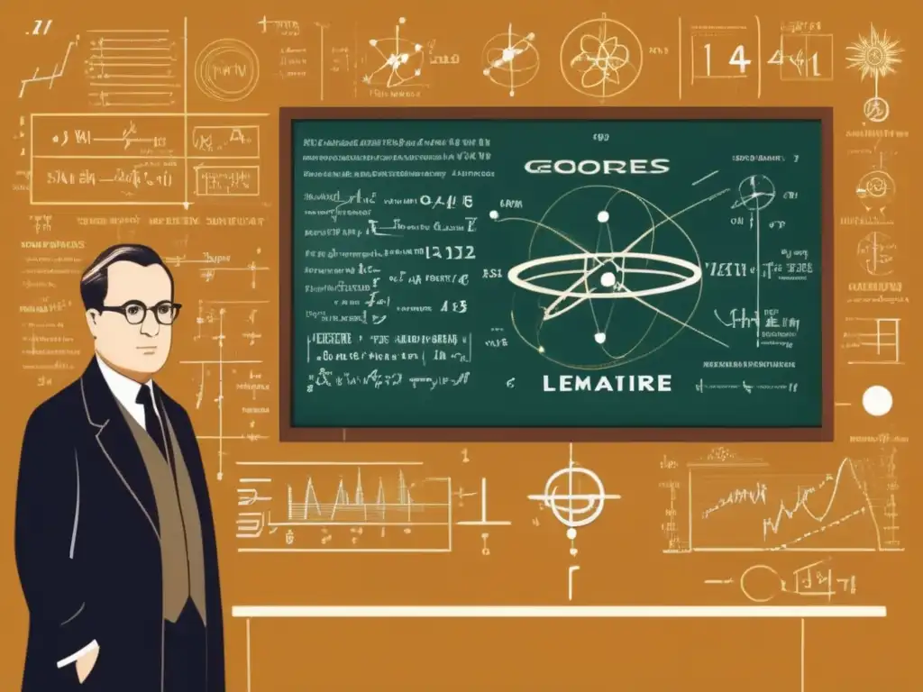 Con un brillo dorado, Georges Lemaître reflexiona frente a un pizarrón repleto de la Teoría del Big Bang