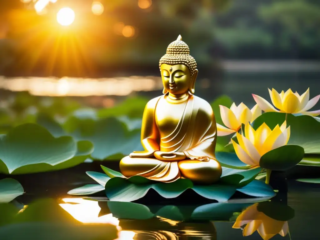 Serenidad dorada: Buda en la puesta de sol y la naturaleza exuberante Un Buda dorado en posición de loto, rodeado de exuberante vegetación y un tranquilo estanque al atardecer