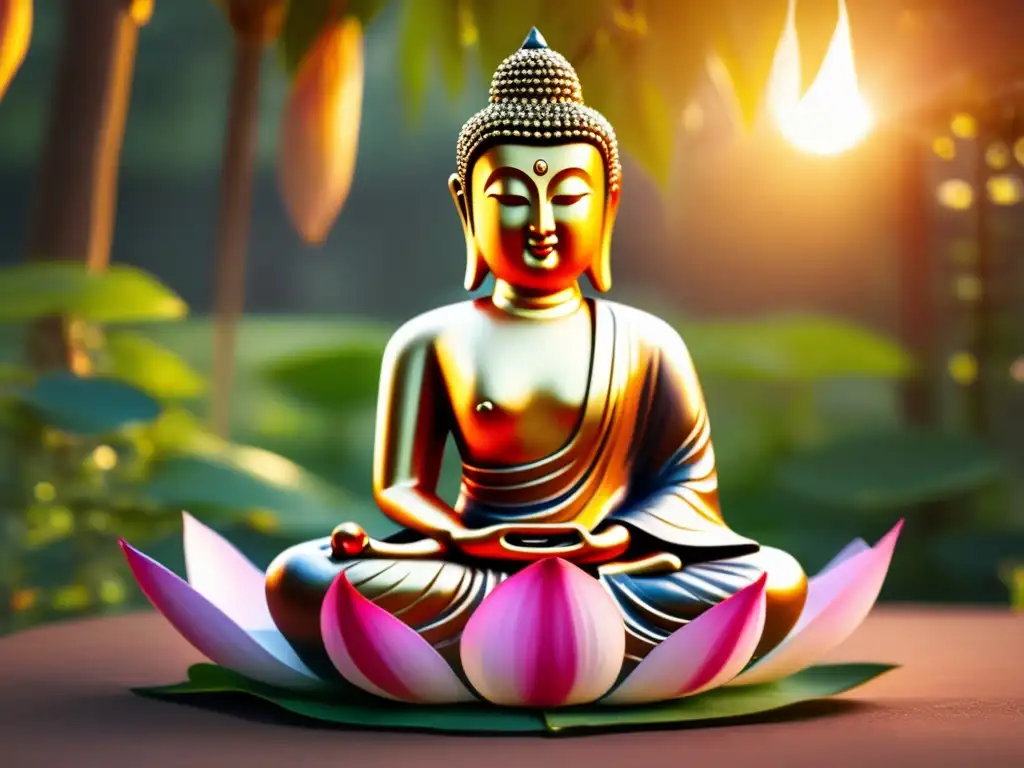 Estatua dorada del Buda en loto: serenidad al atardecer Un Buda dorado en posición de loto rodeado de exuberante vegetación y flores de loto
