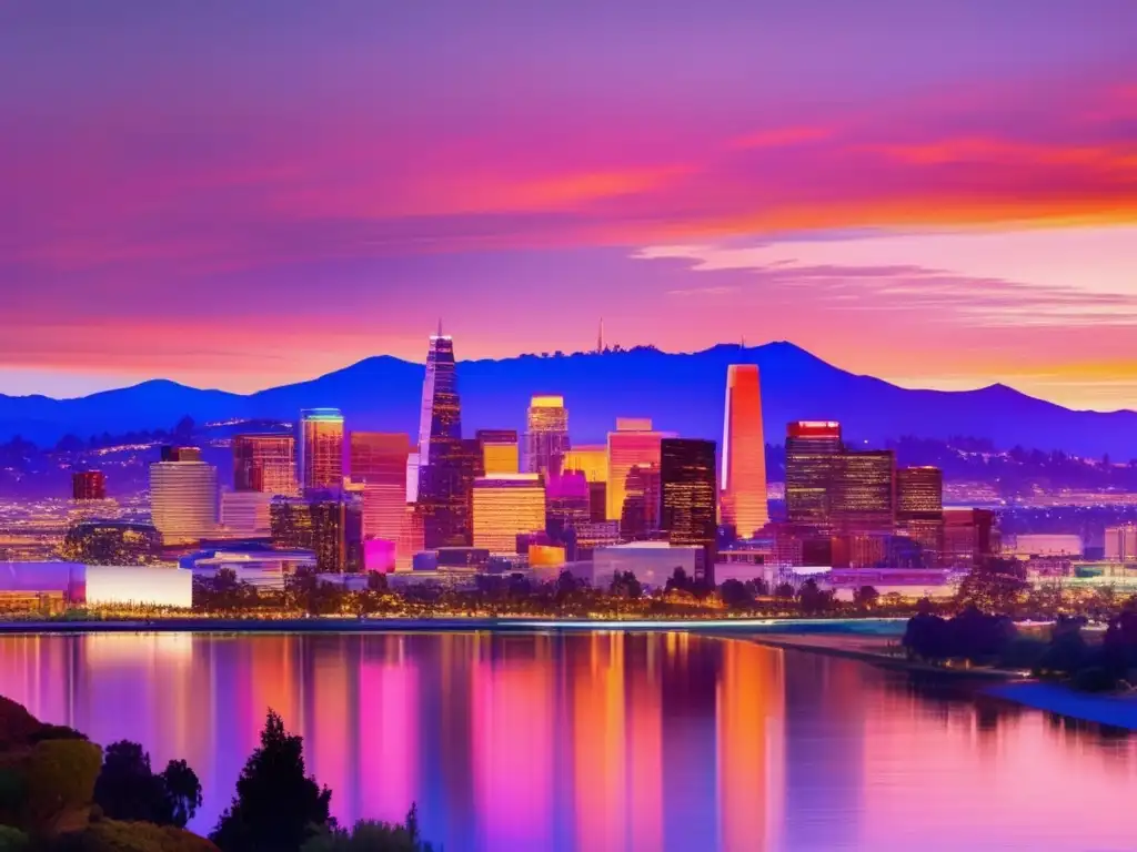 Desde el bullicio de Silicon Valley, la vista panorámica al atardecer muestra los edificios emblemáticos de las principales empresas tecnológicas, iluminados contra un fondo de tonos naranjas y rosados