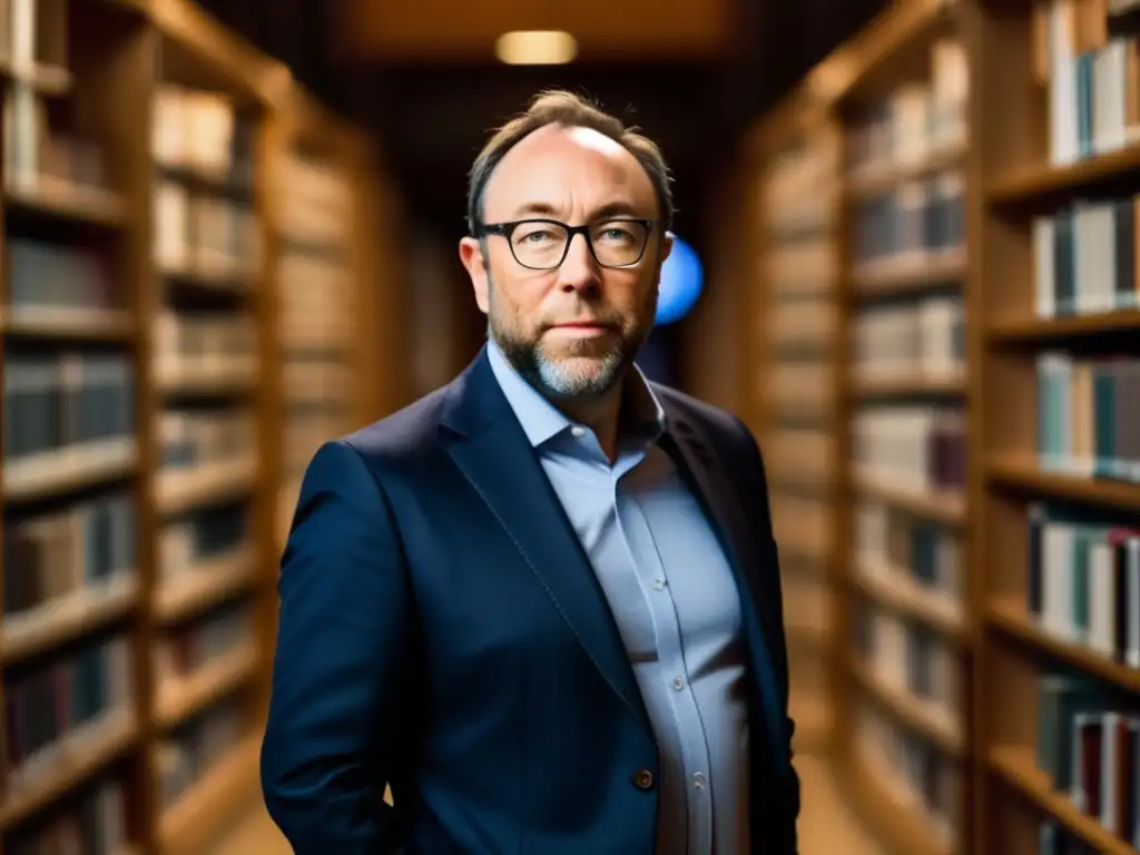 Jimmy Wales reflexiona en una bulliciosa biblioteca, rodeado de libros y pantallas digitales