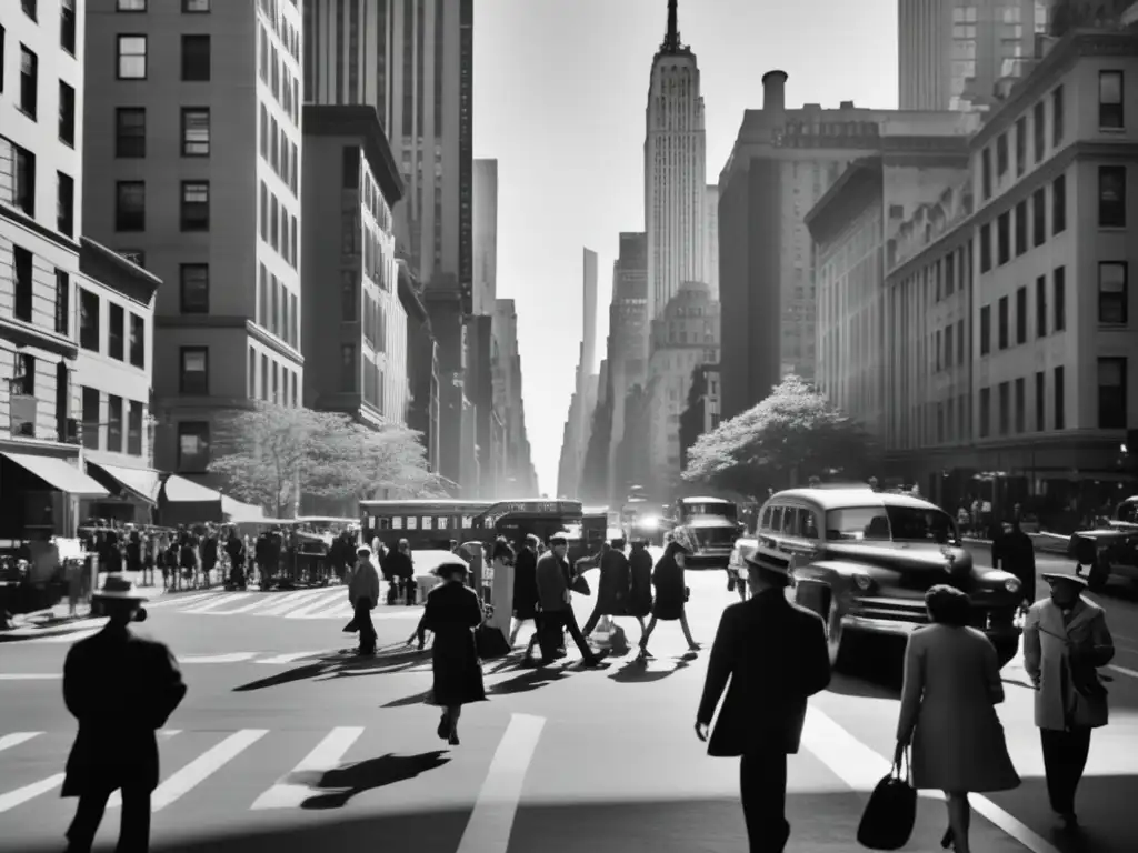 Una bulliciosa calle de Nueva York en blanco y negro, capturando la energía urbana y el encanto atemporal de la ciudad