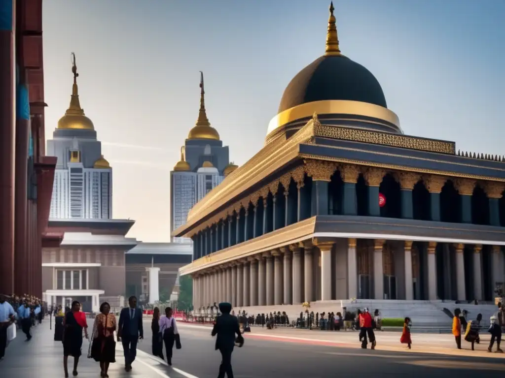 En una bulliciosa calle de la ciudad, se muestra la convivencia entre religión y democracia en un entorno urbano contemporáneo
