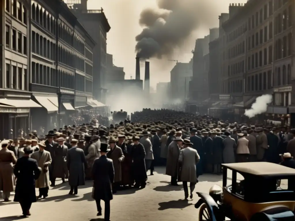 Una fotografía sepia de una bulliciosa calle de la ciudad en la época del periodismo investigativo, con vendedores de periódicos y edificios altos