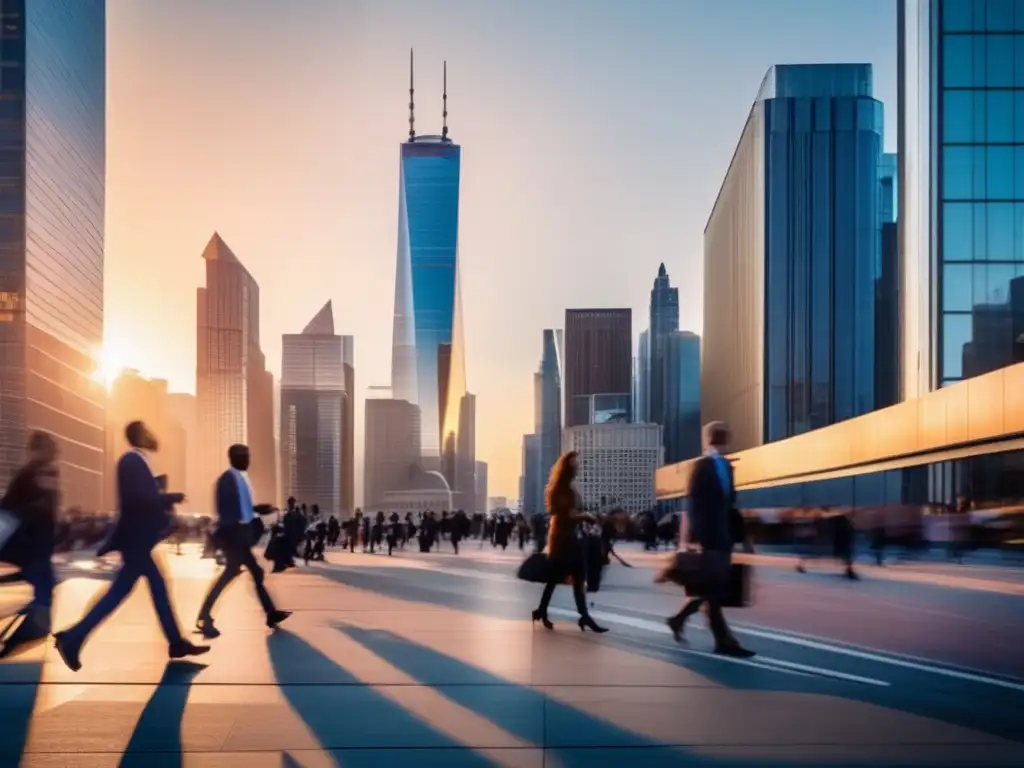 Una bulliciosa calle de la ciudad con un horizonte moderno al fondo, reflejando la energía y dinamismo de un centro urbano próspero