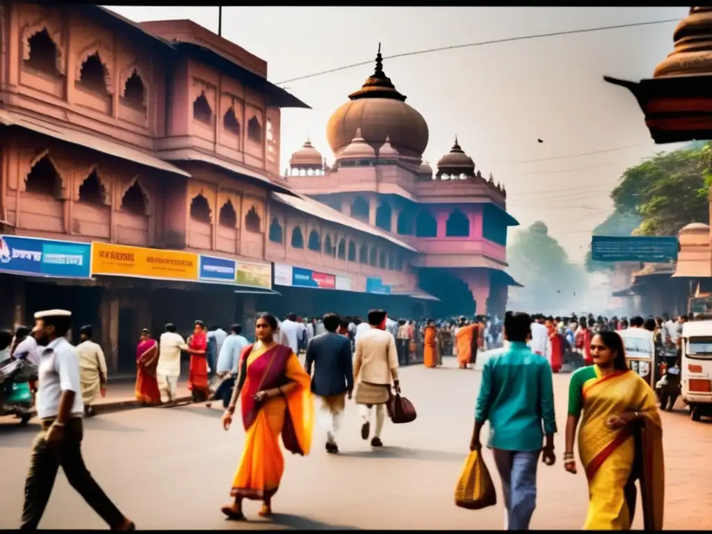 Una bulliciosa calle de la ciudad en la India moderna, con arquitectura tradicional y contemporánea