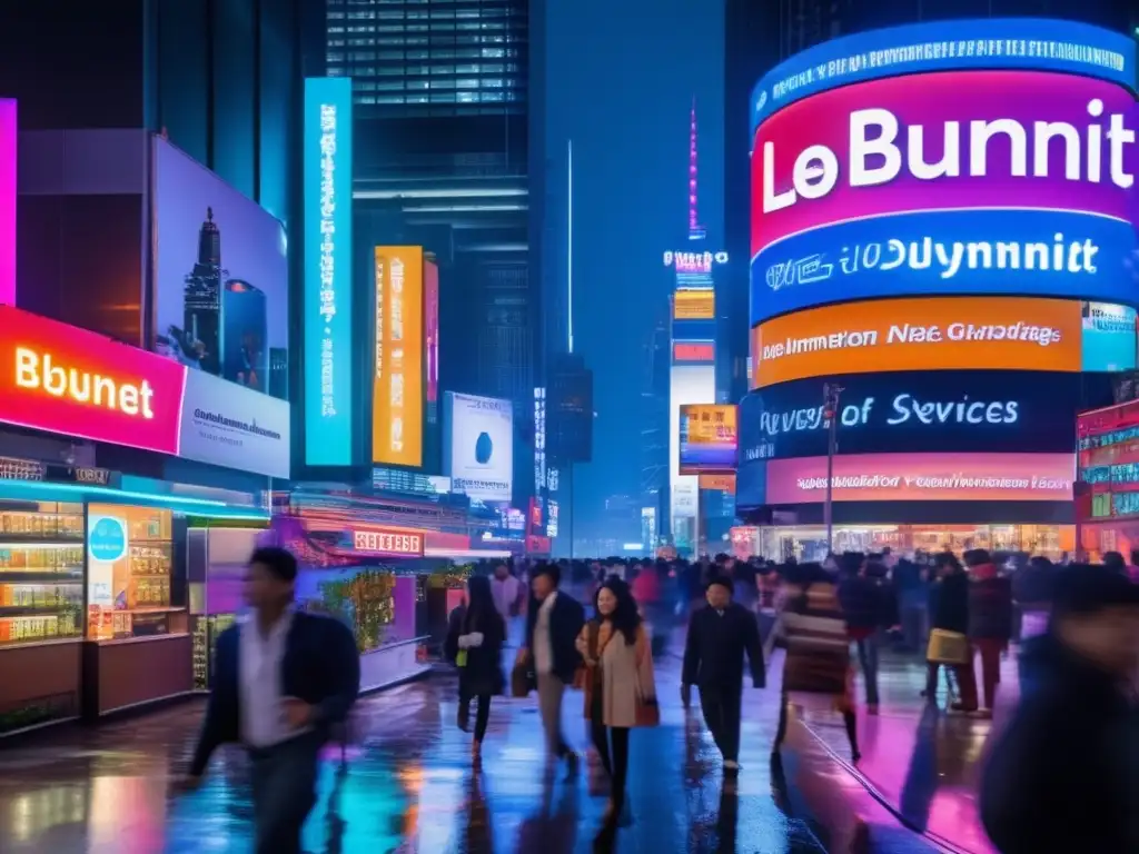 Una bulliciosa calle de la ciudad de noche, iluminada por letreros de neón coloridos que reflejan en el pavimento mojado