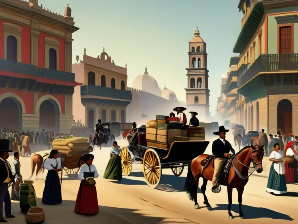 En la bulliciosa calle de la ciudad de México del siglo XIX, se mezclan la opulencia europea y la vida cotidiana de la población mestiza e indígena