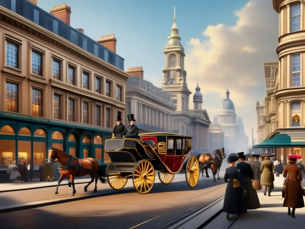 Una bulliciosa calle de la ciudad del siglo XIX, con carruajes de caballos, faroles de gas y elegantes peatones