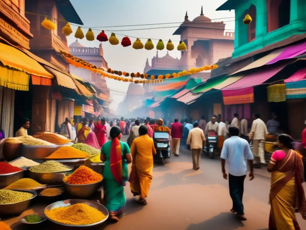 Una bulliciosa calle de la India llena de colores vibrantes, arquitectura intricada, ropa tradicional y actividades espirituales