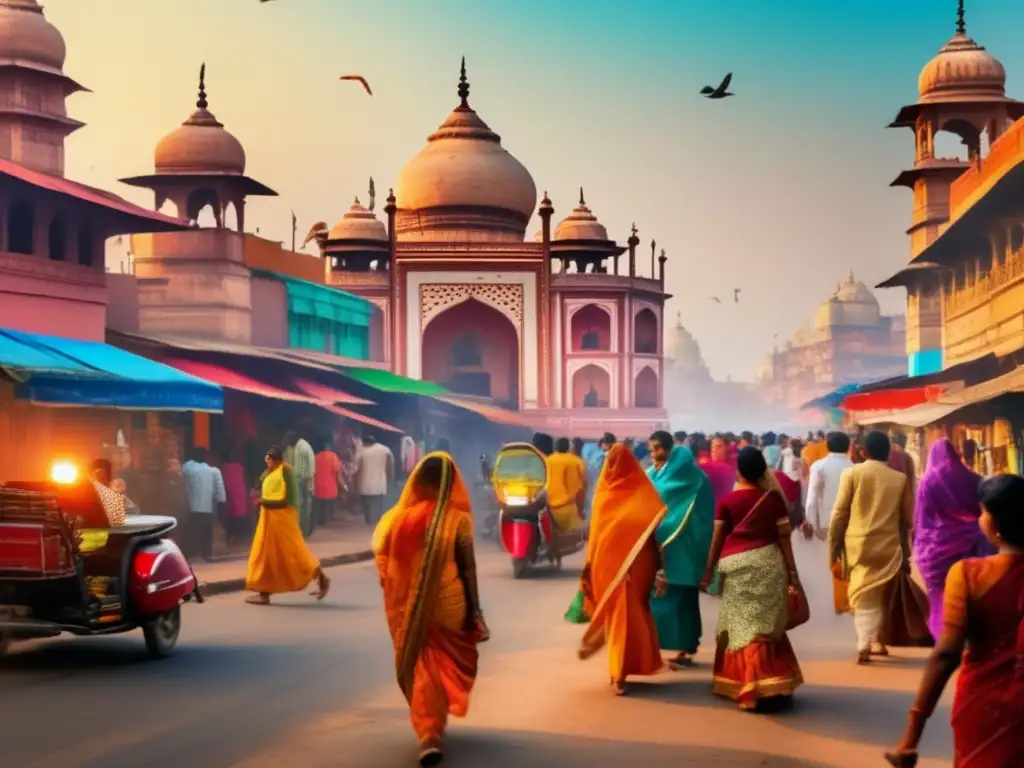 Una bulliciosa calle en la India moderna, con colores vibrantes y arquitectura tradicional