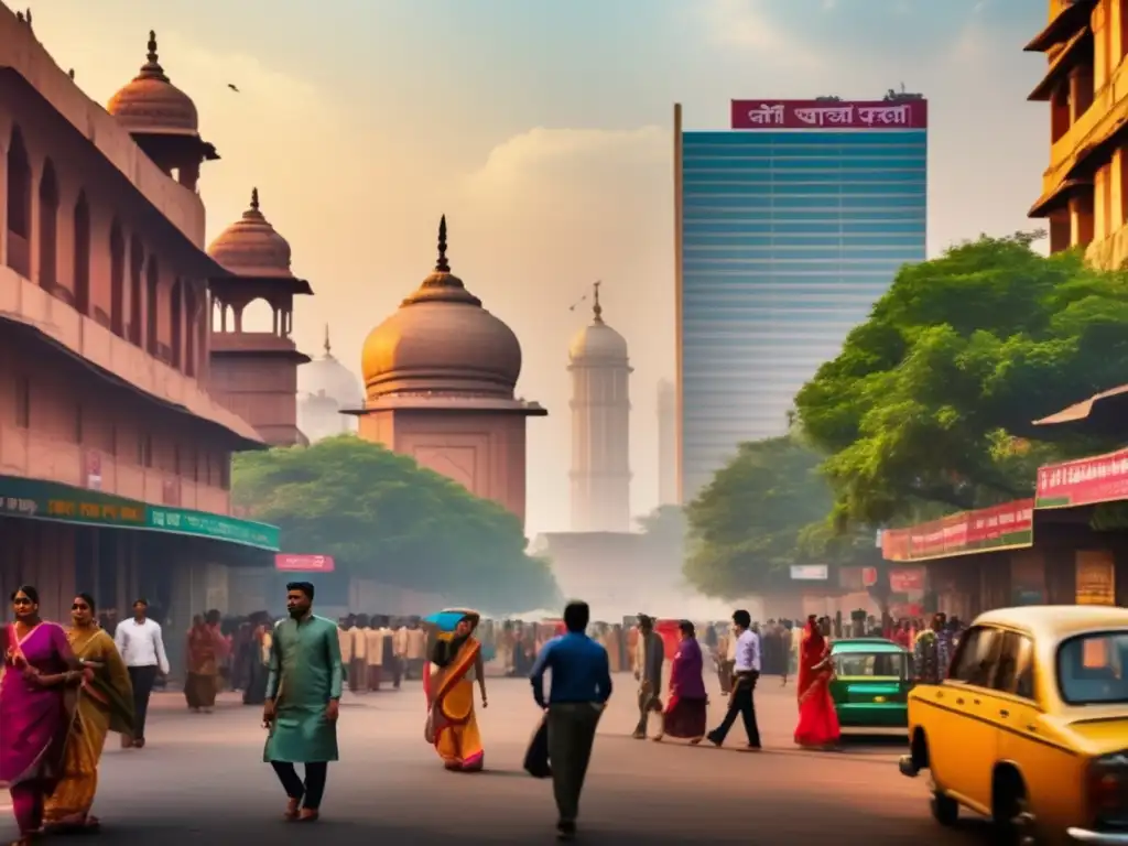 La bulliciosa calle de Nueva Delhi muestra rascacielos modernos y la arquitectura tradicional india, reflejando la modernización y complejidad de la India bajo la influencia del legado de Rajiv Gandhi