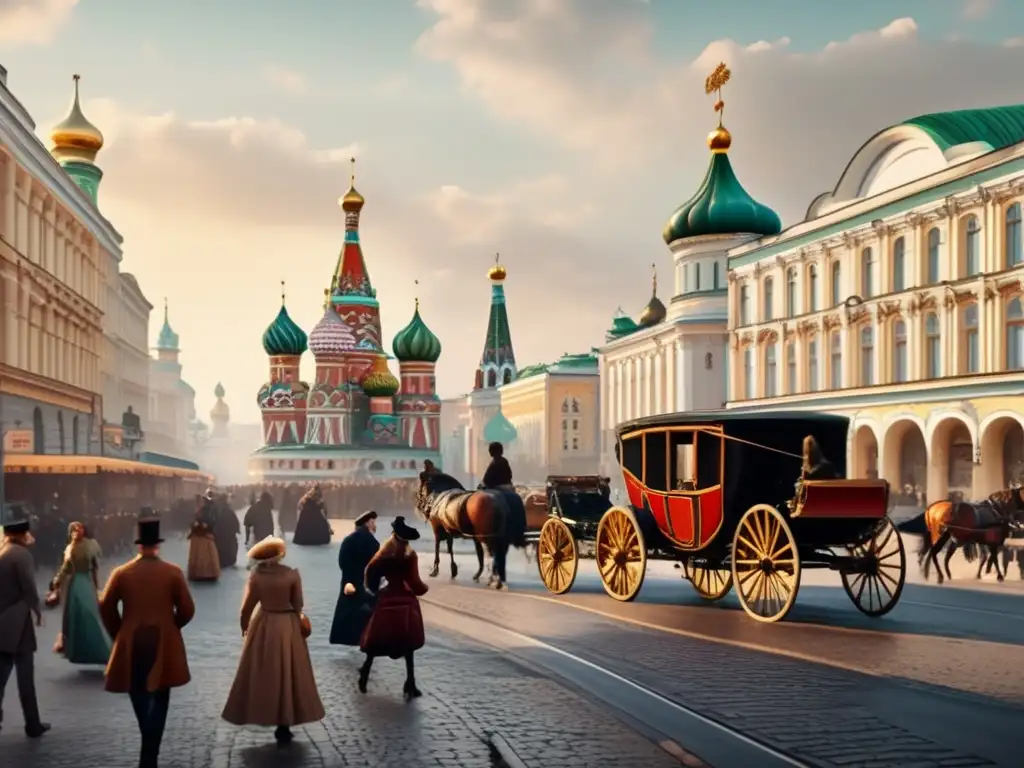 Una bulliciosa calle de Moscú en el siglo XIX, con carruajes, peatones y arquitectura ornamental