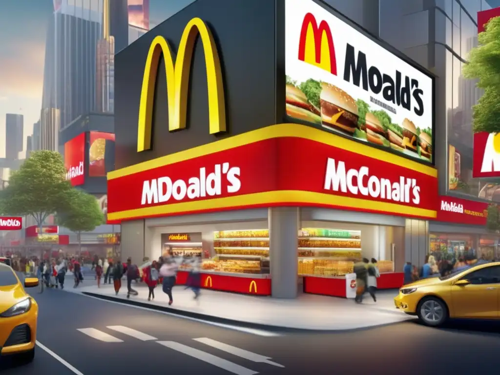 La bulliciosa calle urbana con el icónico frente de McDonald's refleja las estrategias de marketing de Ray Kroc en un entorno contemporáneo y dinámico
