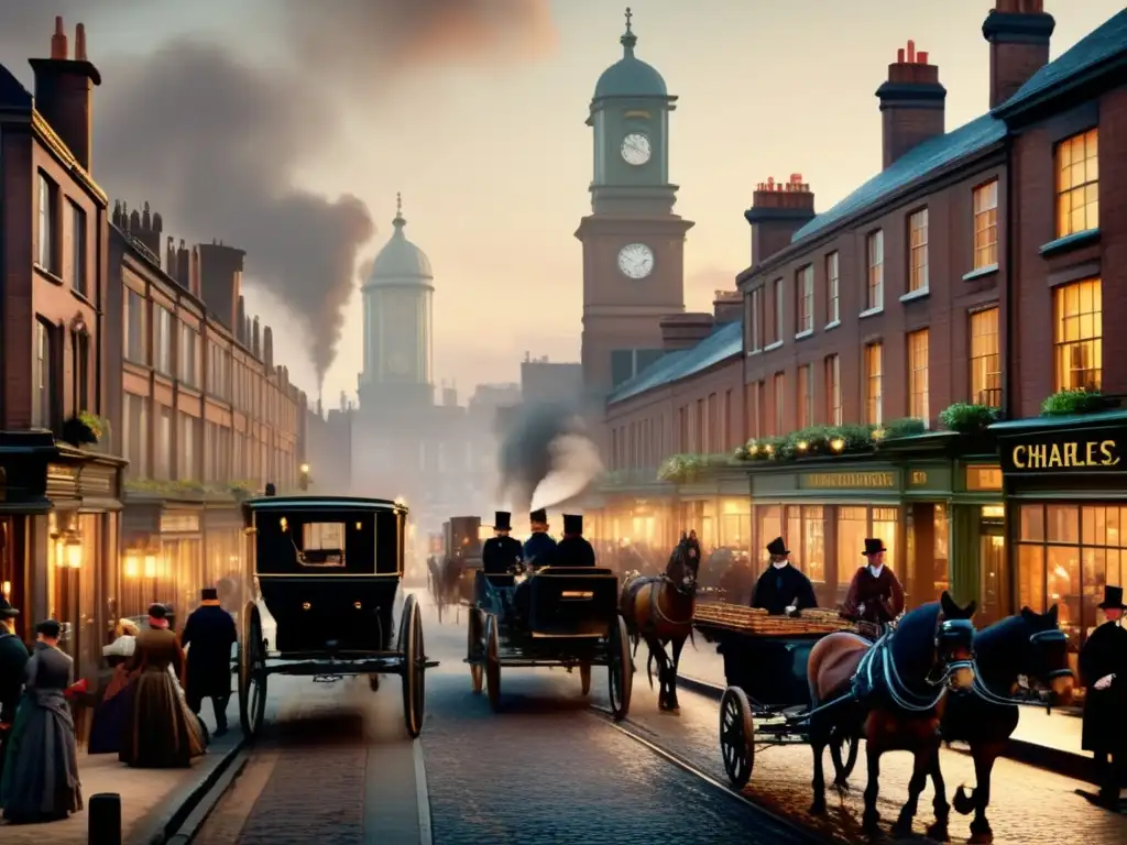 En la bulliciosa calle victoriana, con carruajes, faroles de gas y gente vestida de la época, se refleja el realismo social de Charles Dickens