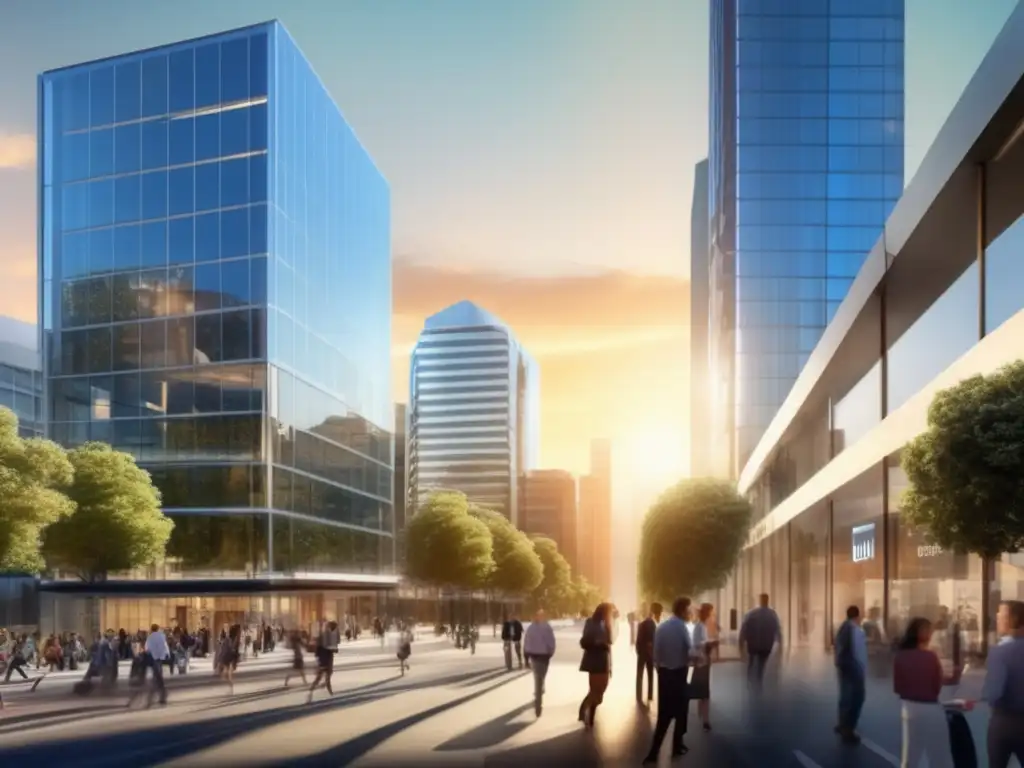 La bulliciosa escena de las calles de Silicon Valley con modernos rascacielos de vidrio al fondo
