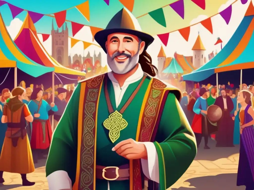 En una bulliciosa festividad celta medieval, Gerald de Gales luce un elaborado atuendo celta entre coloridos puestos y animados festejos