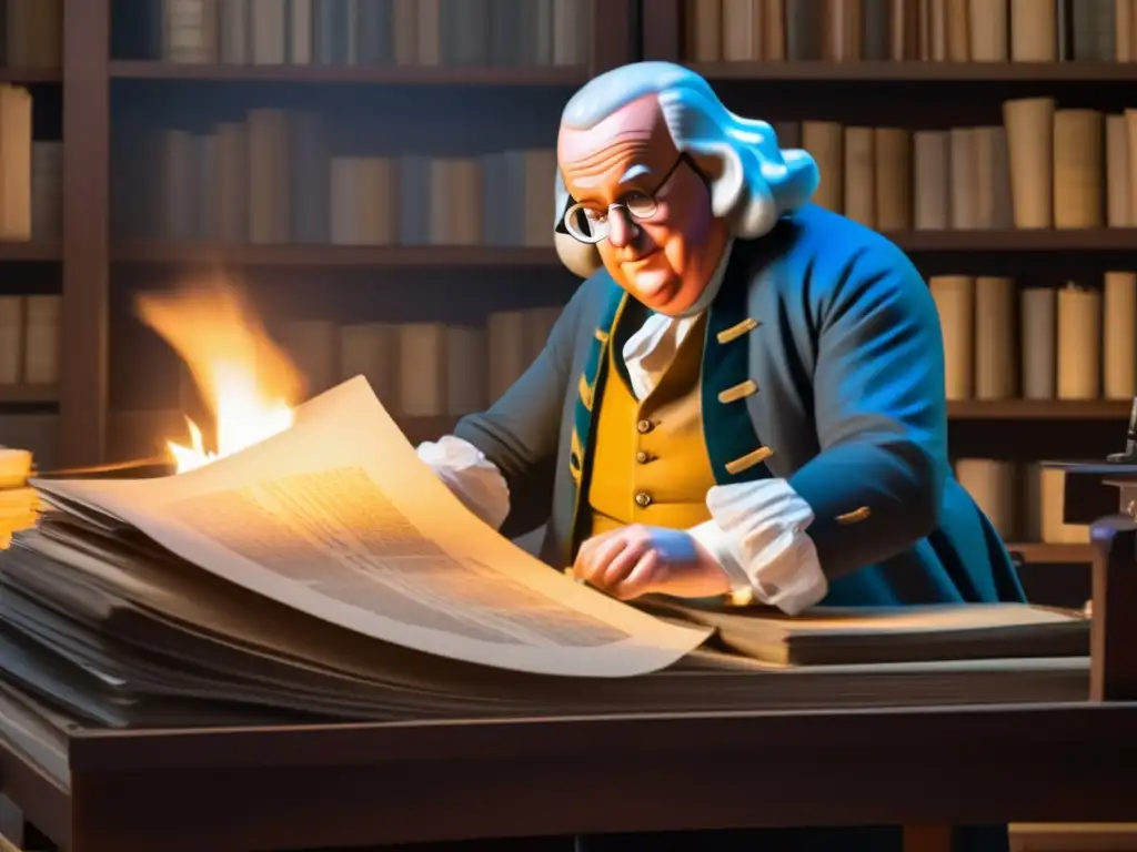En una bulliciosa imprenta del siglo XVIII, Benjamin Franklin supervisa la producción rodeado de periódicos y maquinaria