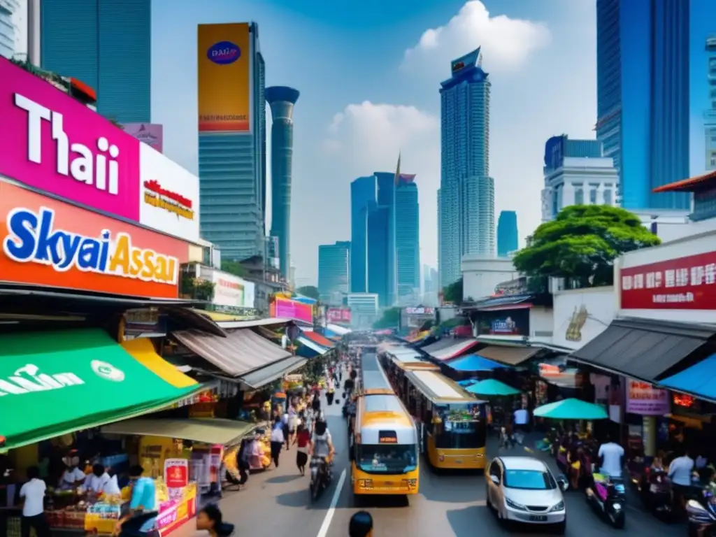 Una bulliciosa y moderna zona comercial en Bangkok, Tailandia, con rascacielos imponentes de fondo