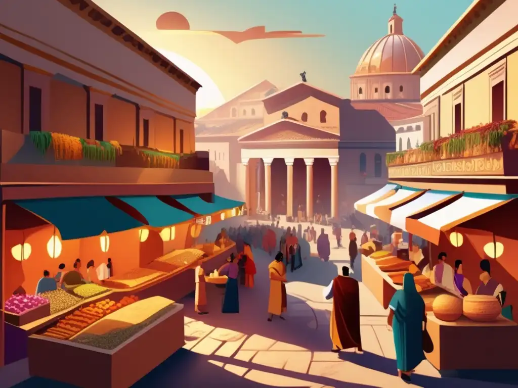 En la bulliciosa Perspectiva Eusebio Cesarea, el mercado romano cobra vida con colores vibrantes y escenas animadas de celebraciones cristianas