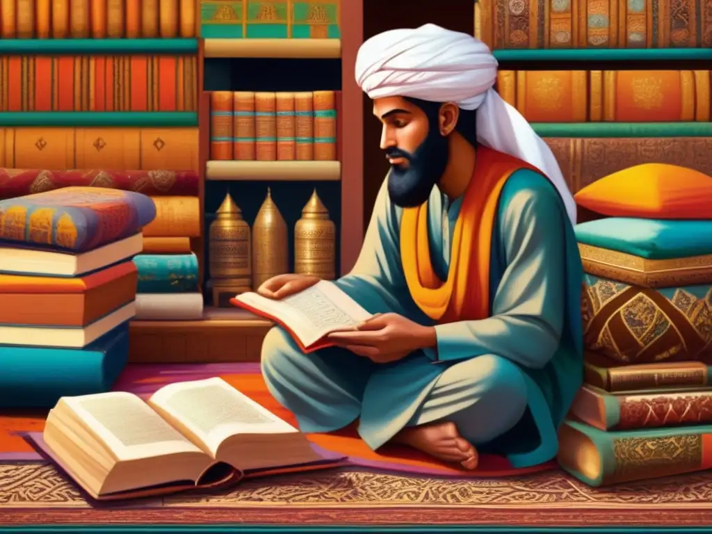 Explorador del Conocimiento: AlBiruni en el Mercado En una bulliciosa plaza, AlBiruni estudia antiguos textos y instrumentos científicos, inmerso en profunda contemplación