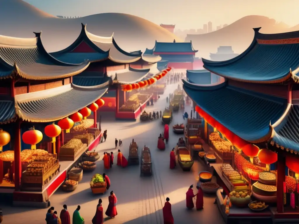 Una bulliciosa plaza en la antigua China durante la Dinastía Tang, con colores vibrantes, sedas, especias y arquitectura icónica