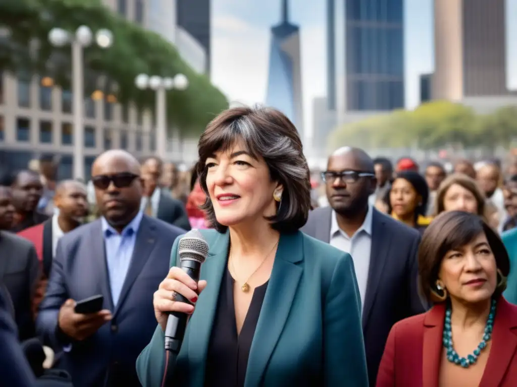 En la bulliciosa plaza de una ciudad, Christiane Amanpour escucha atentamente a diversas personas, sosteniendo un micrófono con determinación