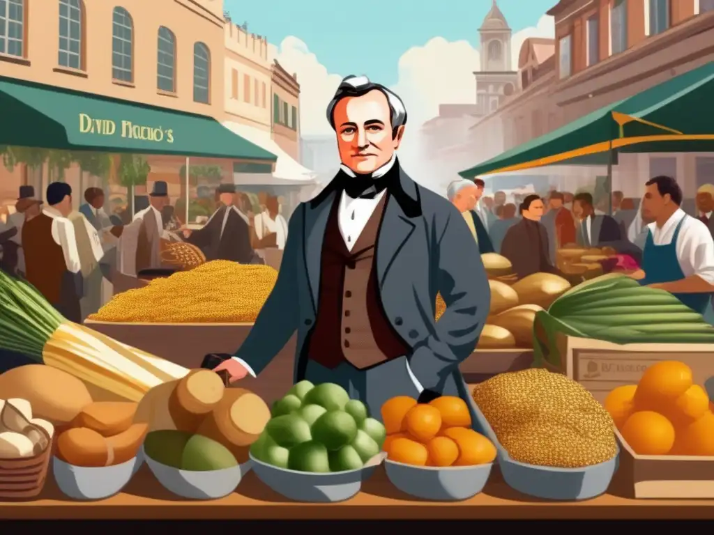 En una bulliciosa plaza, David Ricardo observa con confianza, rodeado de mercancías y comerciantes
