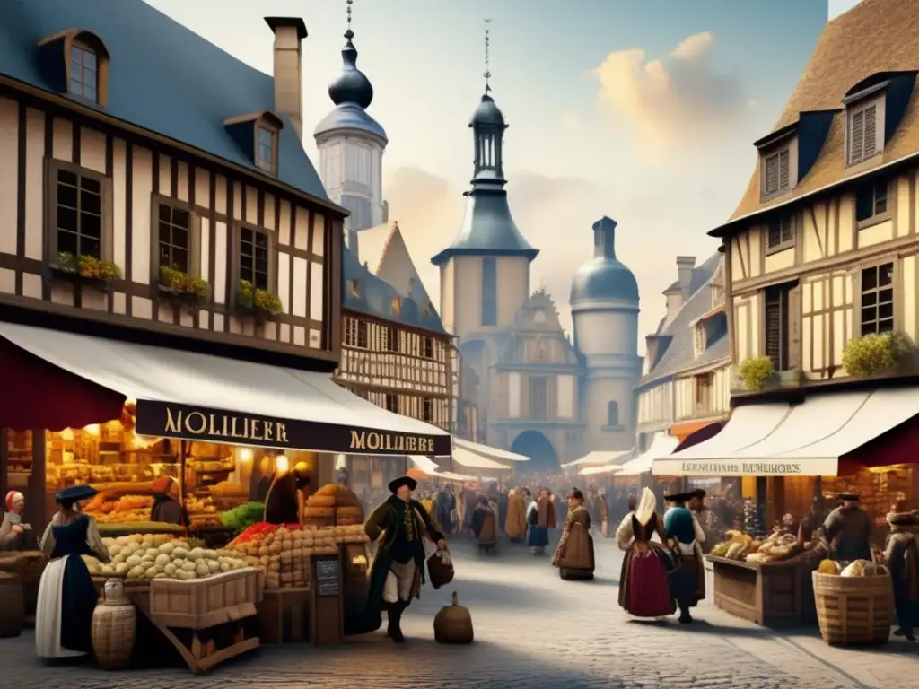 En una bulliciosa plaza francesa del siglo XVII, vendedores ofrecen sus productos, gente en trajes de época y escenas callejeras