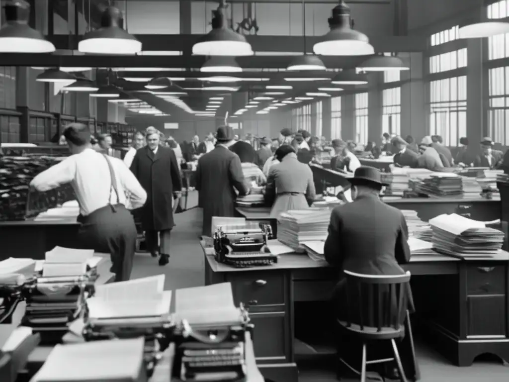En una bulliciosa redacción de principios del siglo XX, periodistas trabajan intensamente en sus máquinas de escribir bajo la atenta mirada de una imponente prensa