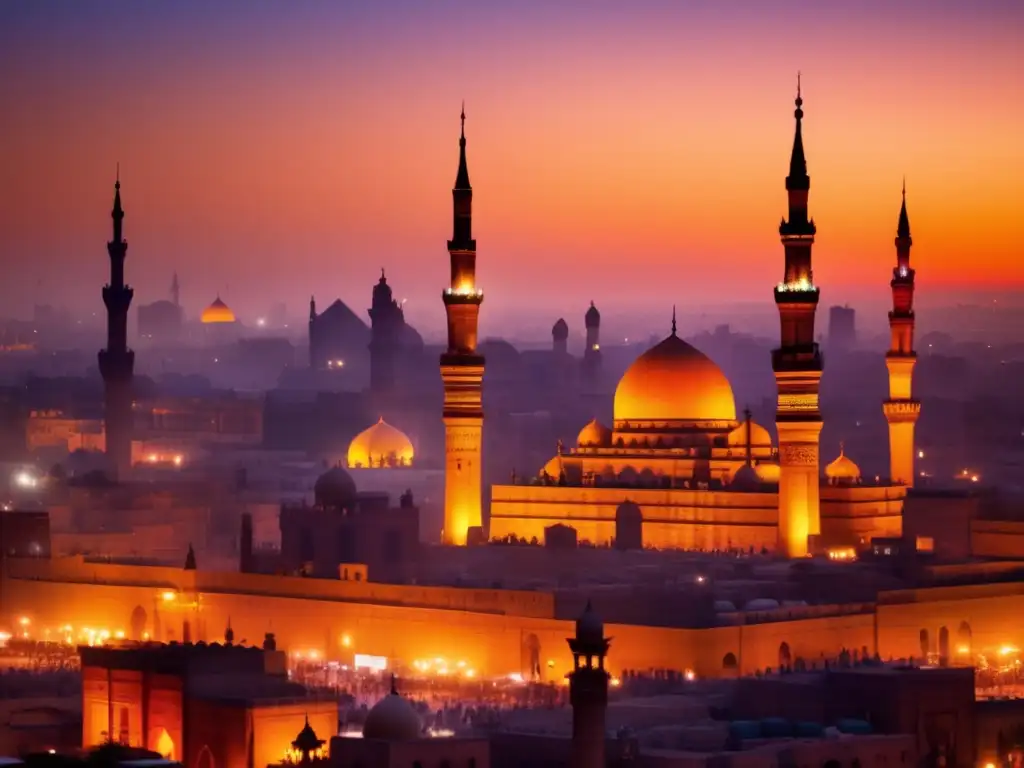 Desde las bulliciosas calles de El Cairo al anochecer, las siluetas de minaretes y cúpulas destacan contra un cielo colorido