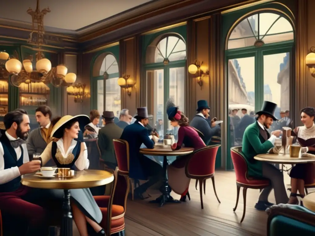 En el bullicioso café parisino del siglo XIX, escritores que reflejaron la sociedad disfrutan de animadas conversaciones y café