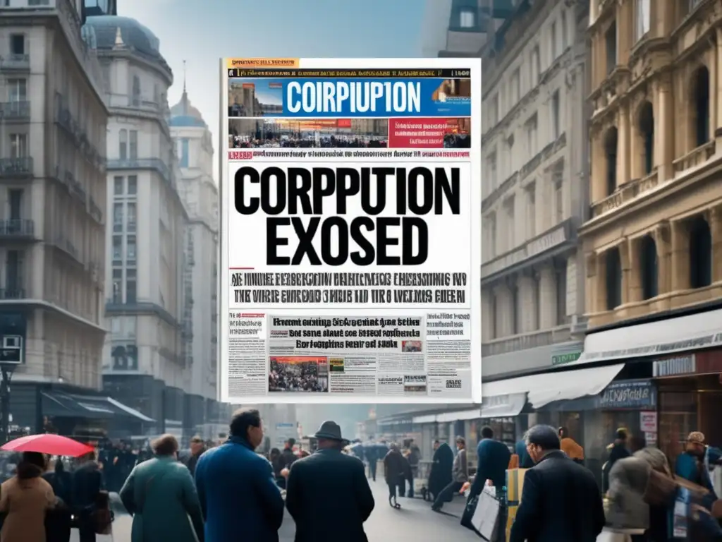 Un bullicioso calle de la ciudad llena de puestos de periódicos con titulares 'Corrupción expuesta'