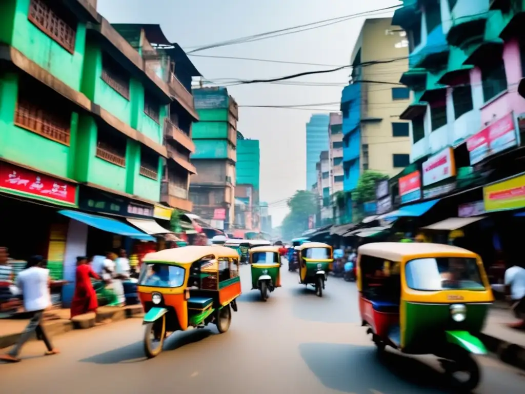 Un bullicioso calle de Dhaka, Bangladesh con rickshaws vibrantes, fachadas coloridas y arquitectura tradicional y moderna