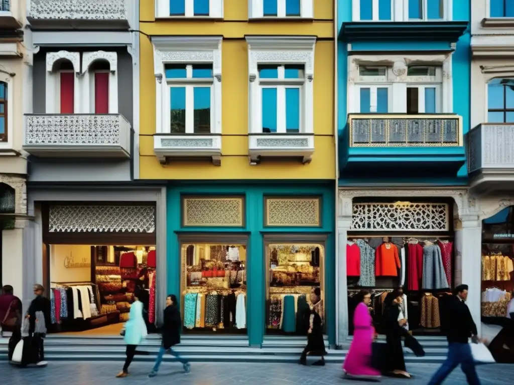 Un bullicioso callejón en Estambul, con elegantes escaparates que exhiben diseños de reconocidos diseñadores de moda turcos