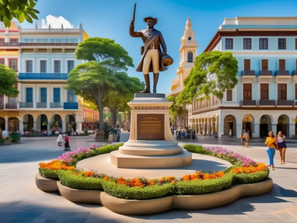 En el bullicioso centro de la ciudad, una estatua de mármol de un explorador colonial se alza entre exuberantes jardines y edificios coloniales, evocando la era de los Fundadores de nuevas naciones en la era colonial