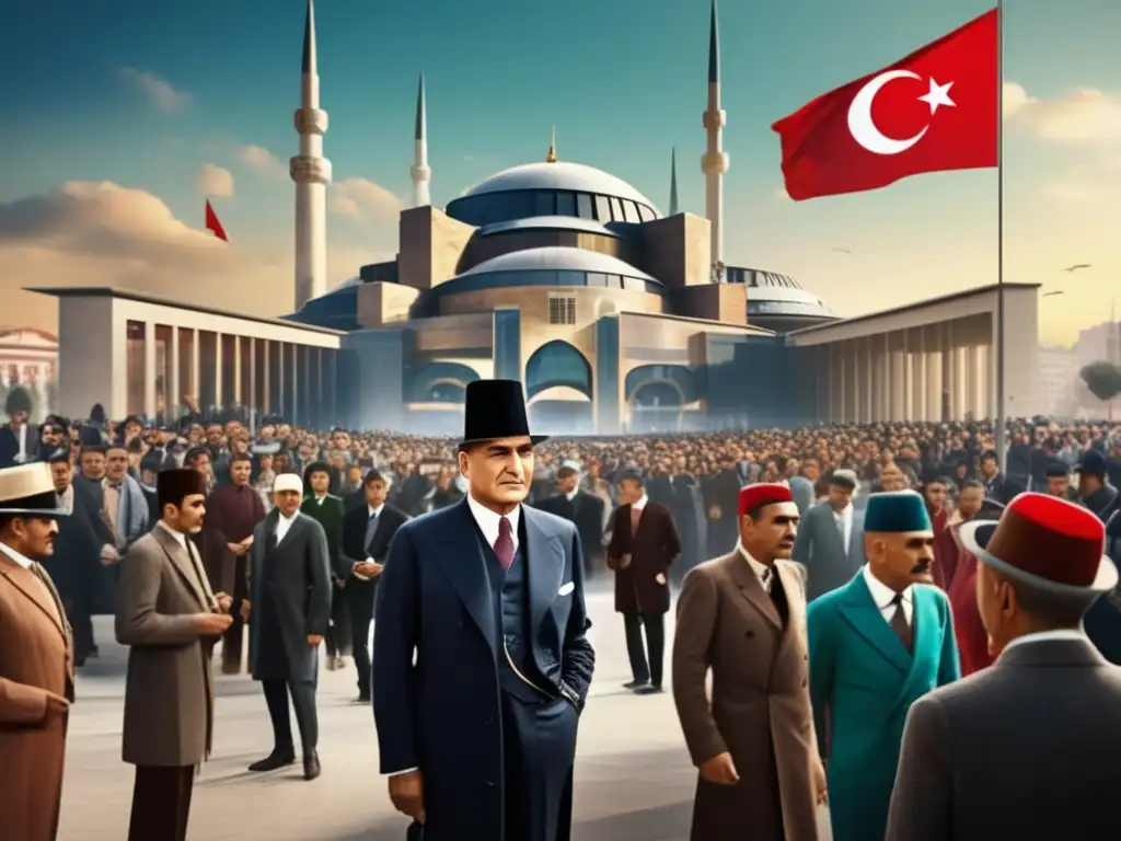 En el bullicioso centro de la ciudad, Atatürk irradia modernidad y progreso, rodeado de arquitectura futurista y personas diversas