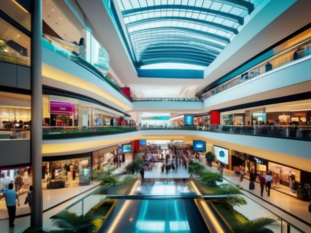 Un bullicioso centro comercial moderno en Bangkok, Tailandia, con arquitectura elegante y pantallas digitales vibrantes
