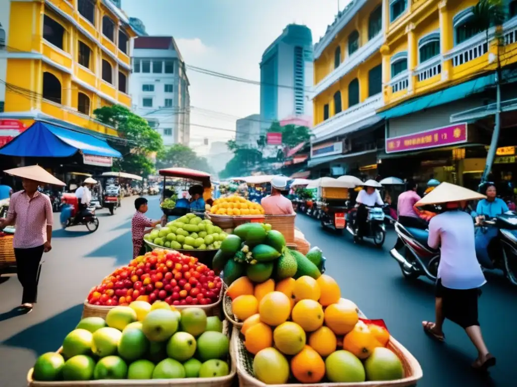 Un bullicioso y colorido mercado callejero en Ho Chi Minh City, Vietnam, capturando la esencia de la unificación y la vitalidad de la ciudad