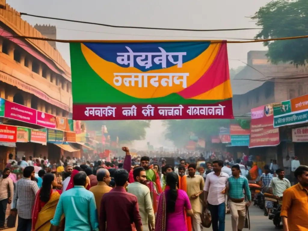 Un bullicioso y colorido street en Nueva Delhi, India, con murales vibrantes que representan unidad y anticorrupción