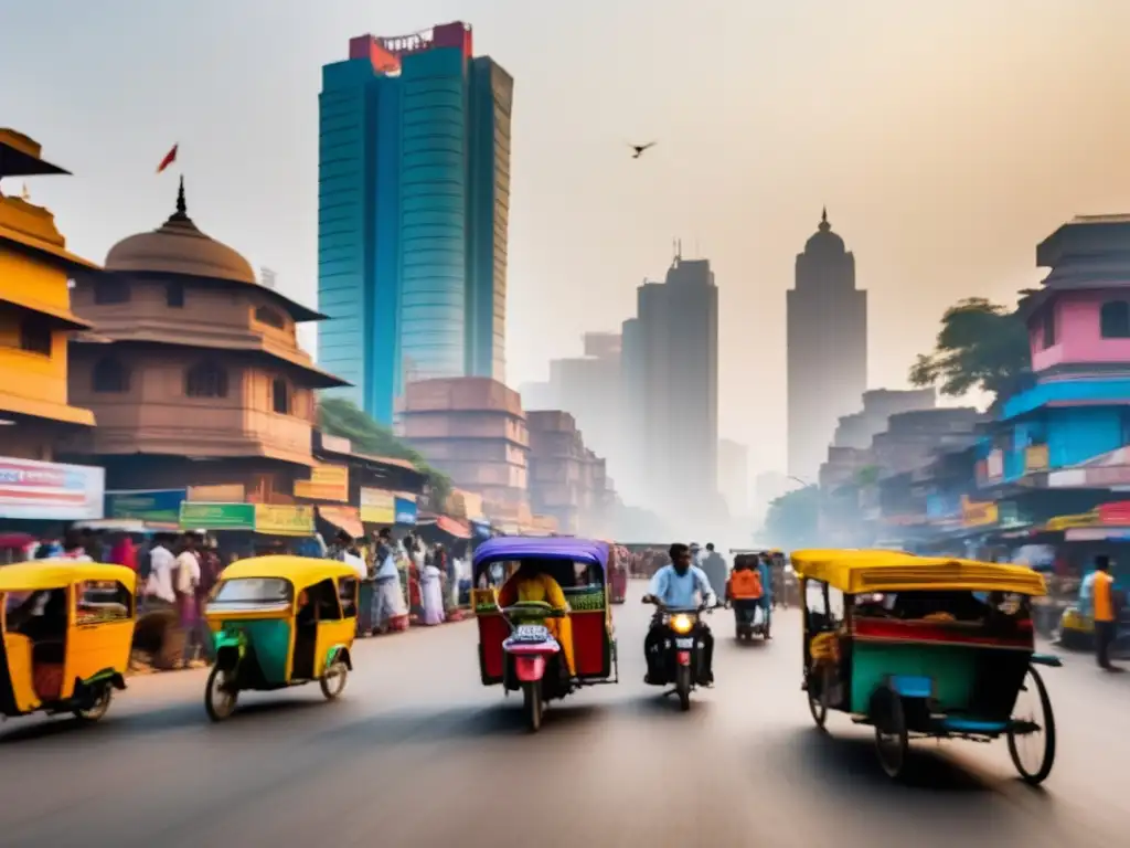 Un bullicioso y colorido paisaje urbano en la India, con edificios vibrantes y una mezcla de actividades diarias